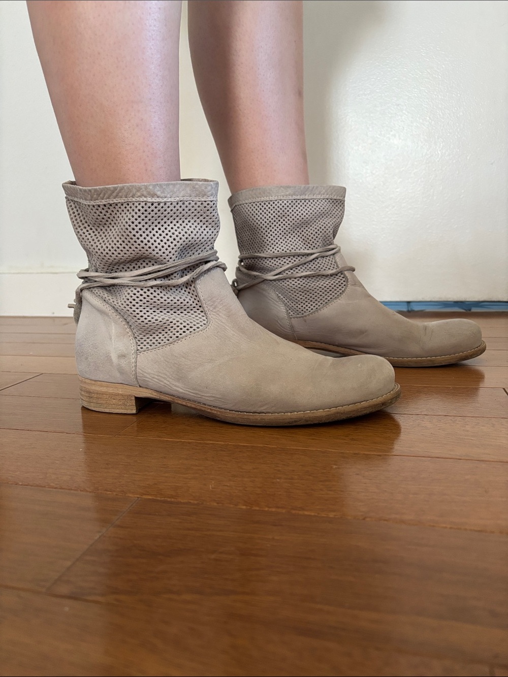 Sundance Taupe Suede Perforated Slouch Ankle Boots
